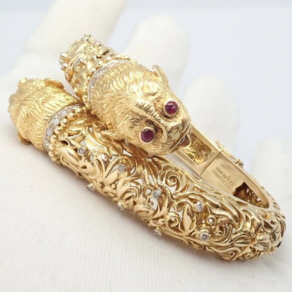 Rare Ilias Lalaounis 18k Yellow Gold Double Chimera Diamond Ruby Bangle Bracelet - Picture 7 of 16